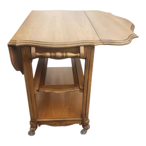 Mid-Century French Provincial Oak Drop-Leaf Three Tier Rolling Bar Cart