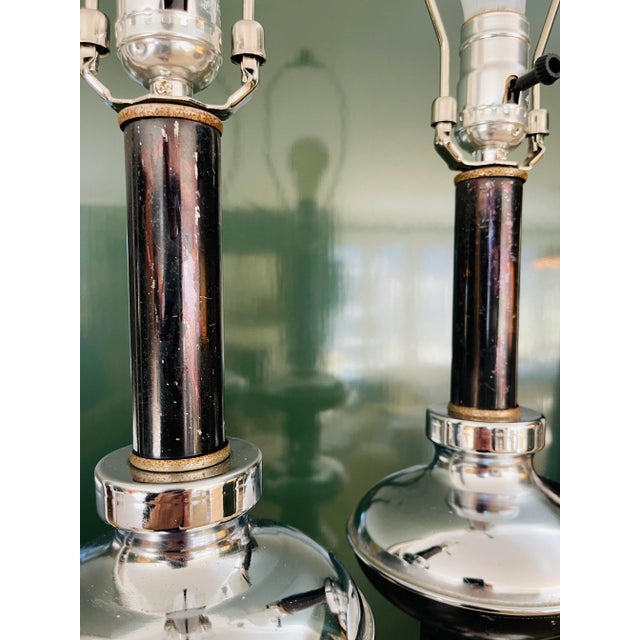 Metal 1960s Vintage Mid-Century Modern Chrome and Black Stacked Table Lamps - a Pair For Sale - Image 7 of 9