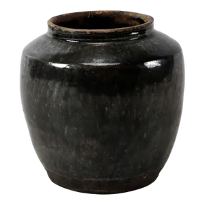 Mid-Century Vintage Black Ceramic Oil Jar With Black Glaze
