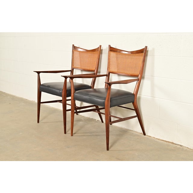 Paul McCobb for Directional Mid-Century Modern Sculpted Walnut Cane Back Armchairs, Pair For Sale - Image 13 of 13