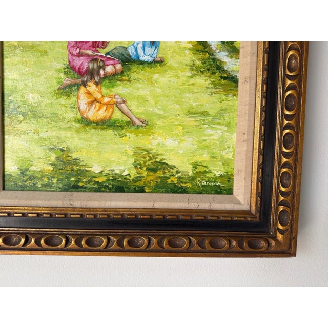 Green Vintage Karin “Picnic” Impressionist Oil on Canvas Painting – Framed For Sale - Image 8 of 12