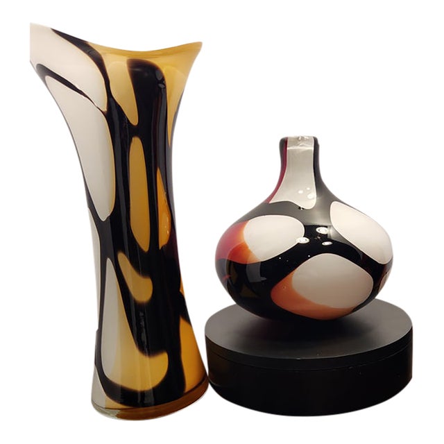 Vintage 1970s Italian Opaline Cased Glass Vase Set - Red, Amber & Black Swirl For Sale