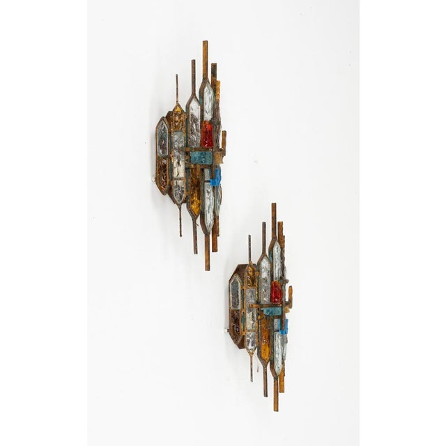 Mid-Century Sconces in Iron and Hammered Glass attributed to Longobard, Italy, 1970s, Set of 2 For Sale - Image 12 of 15
