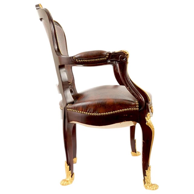 French French Francois Linke Style Ormolu and Wood Leather Armchair For Sale - Image 3 of 18