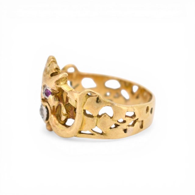 Early 20th Century Antique Art Nouveau Gargoyle Ring 18k Gold - Ruby Eyes & Diamond Mouth, Size 7.5 For Sale - Image 5 of 8