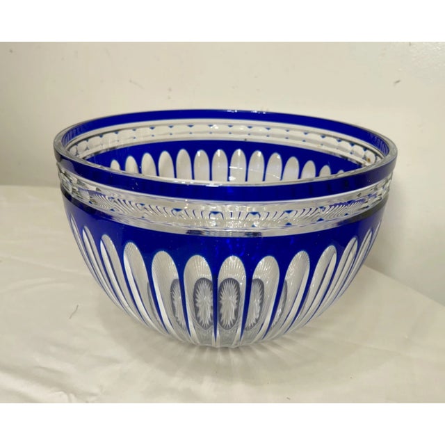 Boho Chic Vintage Bohemian Czech Centerpiece Cobalt Blue Cut to Clear Glass Crystal Bowl For Sale - Image 3 of 9
