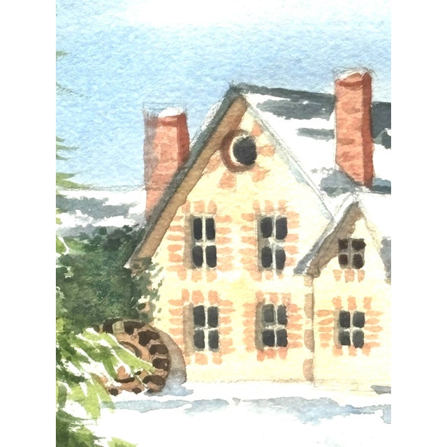 1980s Framed Watercolor Painting Cottage in the Snow For Sale - Image 5 of 7