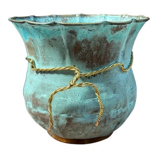 Vintage Italian Handcrafted Metal Cachepot With Verdigris Finish For Sale
