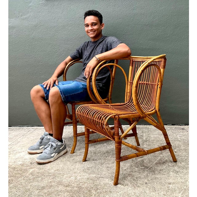 Camel Vintage 1940s Danish Tove Kindt Larsen for Robert Wengler Stick Rattan Lounge Chairs - A Pair For Sale - Image 8 of 12