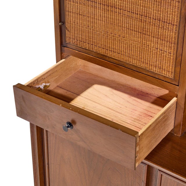 Merton Gershun for American of Martinsville Mid Century Walnut and Cane Credenza and Hutch For Sale - Image 9 of 13