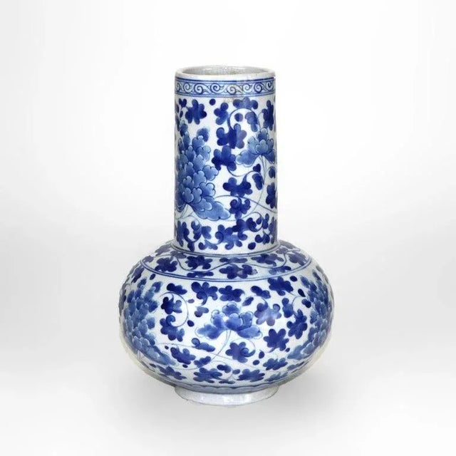 Asian Antique Asian Blue & White Porcelain Bottle Vase, Signed Circa 1930 For Sale - Image 3 of 7