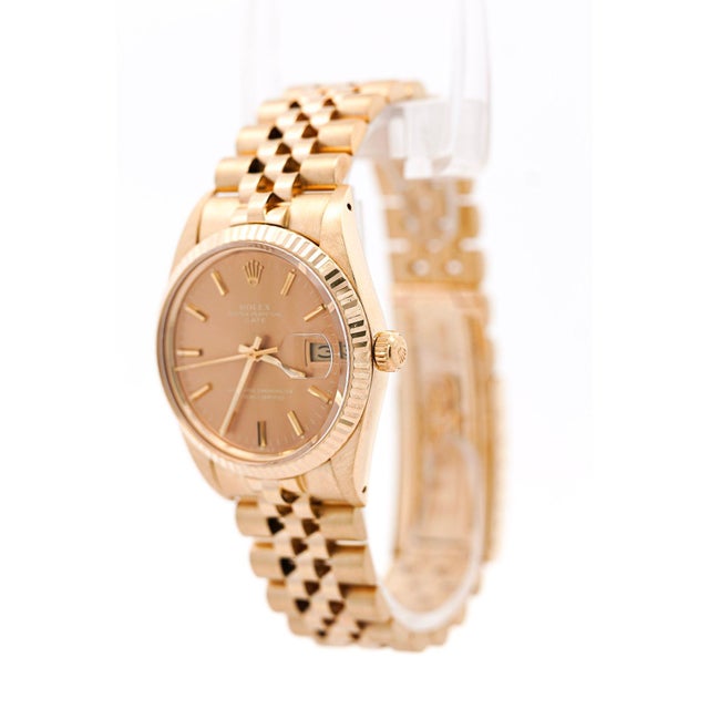 Mid-Century Modern Vintage Rolex Op Date 34mm 14k Gold Champagne Dial Watch For Sale - Image 3 of 13