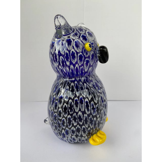 Cobalt blue and yellow art glass owl. Millefiore design. Great depth and contrast in this design.