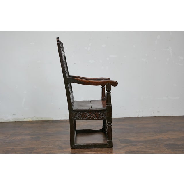 English Jacobean 1690s Oak High Back Armchair with Carved Décor and Turned Legs For Sale - Image 9 of 12