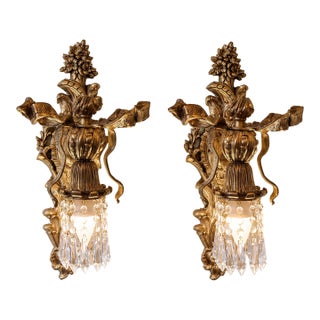 Luxury French-Style Crystal Sconces – Ornate Bronze & Gold Leaf With Hanging Crystal Drops - Set of 2 For Sale