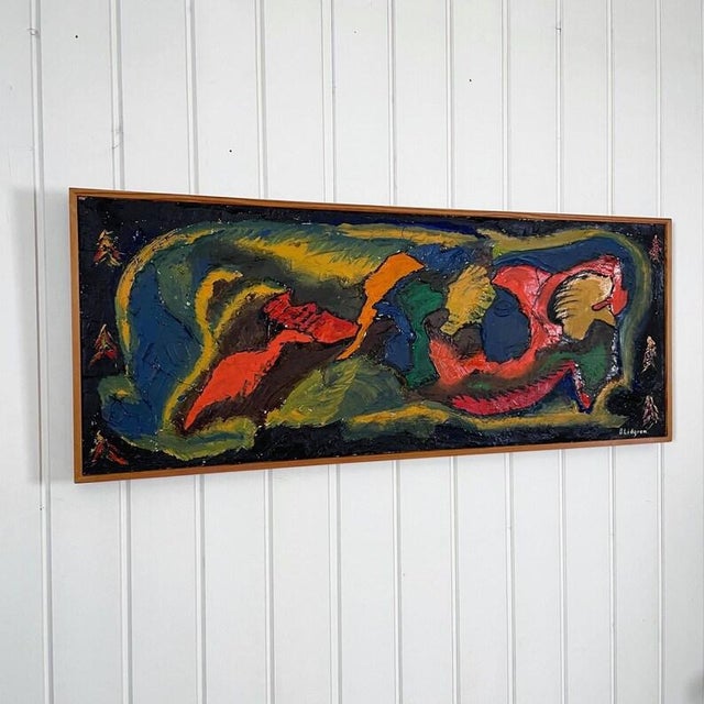 A large and bold abstract mid-century oil painting on panel with a handcrafted wooden frame. Signed by the artist B...
