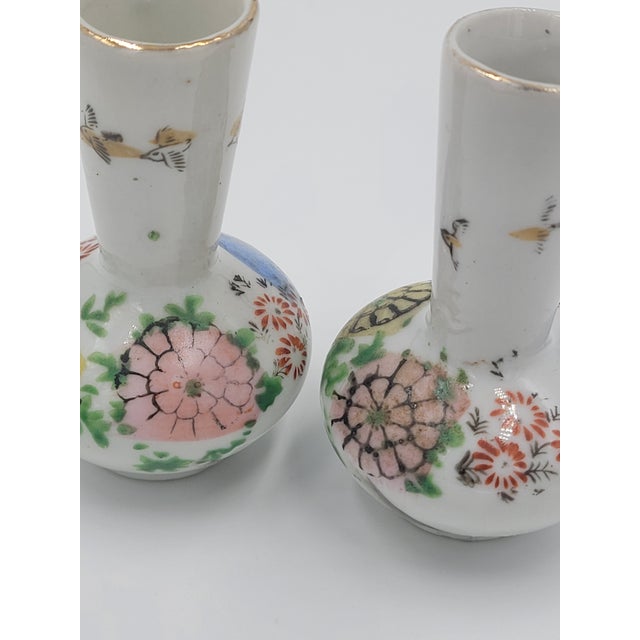 Mid 20th Century Miniature Japanese Hand-Painted Bird & Floral Bud Vases - Pair For Sale - Image 10 of 12