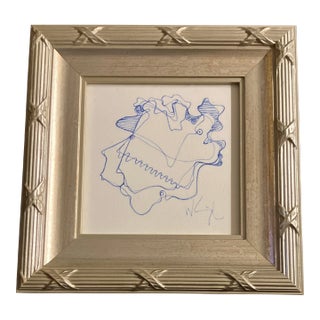 1980’s Vintage Wayne Cunningham Abstract Blue Ink Drawing Tabletop Frame For Sale