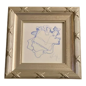 1980’s Vintage Wayne Cunningham Abstract Blue Ink Drawing Tabletop Frame