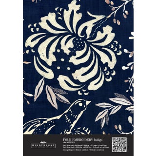 Mind the Gap Folk Embroidery Indigo Wallpaper, Sample For Sale