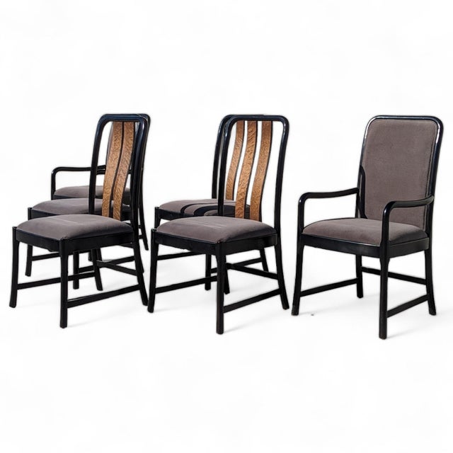 An elegant set of six Postmodern dining chairs, crafted with black lacquered wood and featuring striking birdseye maple...