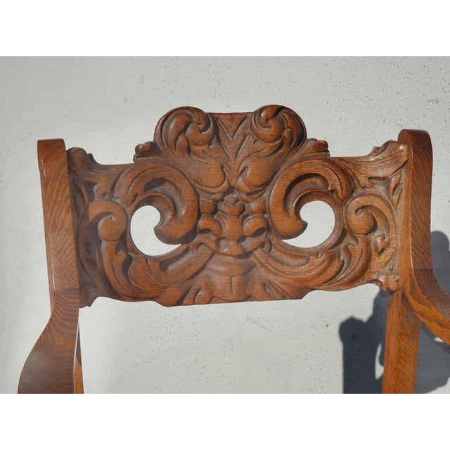 1950s Vintage French Country Brown Oak Carved Arm Chair by Eldredge Co. For Sale - Image 5 of 16