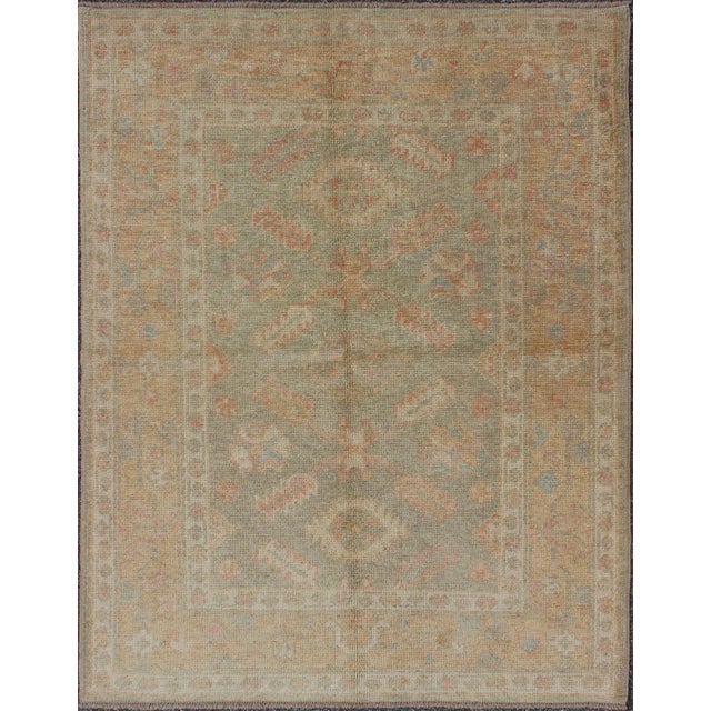 Avocado Turkish Oushak Rug in Soft Sage Green, Muted Terracotta, and Faded Blue Accents 4' X 5'3" For Sale - Image 8 of 8