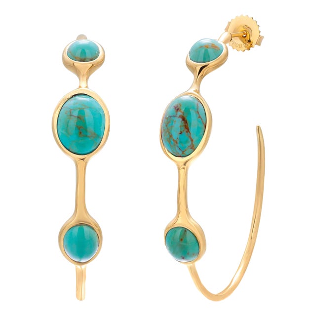 Vintage Ippolita Trending 18k Gold Hoop Earrings Cabochon Turquoise - 2 Pieces For Sale