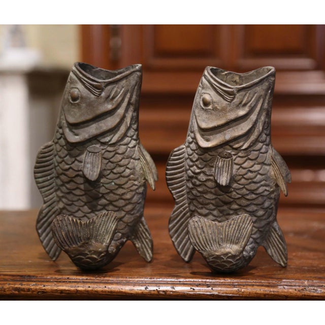 Pair of 19th Century French Carved Verdigris Patinated Bronze Fish-Form Vases For Sale - Image 4 of 10