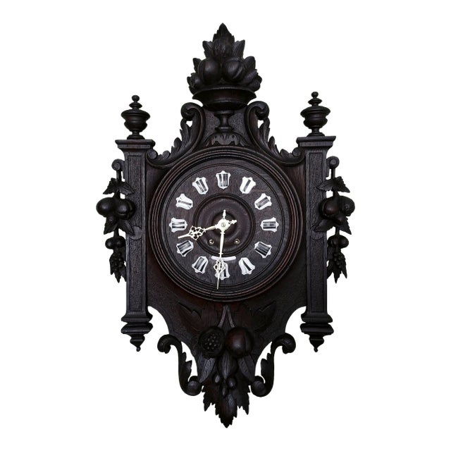 1840-1860 Grand French Carved Wooden Clock Cartel and Enameled Cartridges For Sale