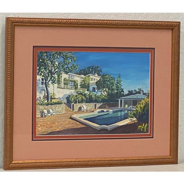 Vintage "Backyard Pool" Original Gouache Painting by Dosne For Sale - Image 13 of 13