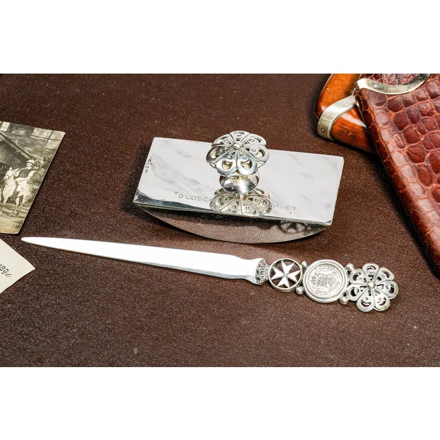 Unique Maltese Silver Desk Set Inset Antique Malta Tari Coin Letter Opener and Ink Blotter For Sale - Image 18 of 18