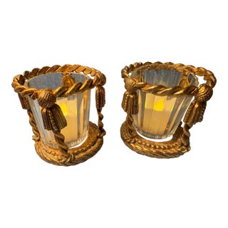 1960s Pair of Gilt Metal Rope & Tassel Votive Holders With Glass Inserts For Sale