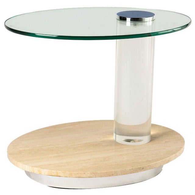 Mid 20th Century Oval Travertine and Lucite Side Table / Bar Cart For Sale - Image 5 of 5