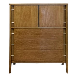 Mid Century Tallboy Dresser MCM Five Drawer Brass Accent Warm Gray Tone Wood For Sale