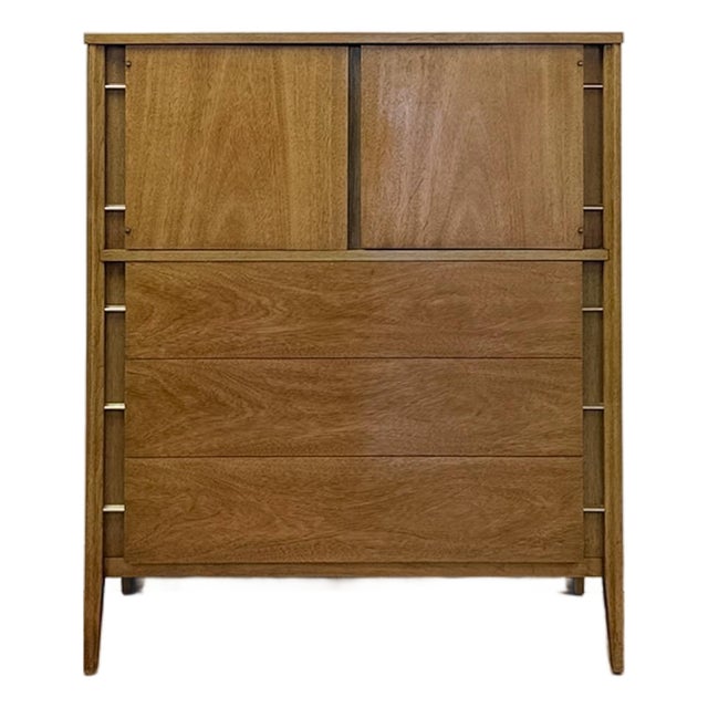 Mid Century Tallboy Dresser MCM Five Drawer Brass Accent Warm Gray Tone Wood For Sale