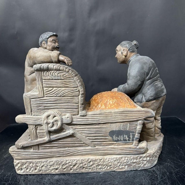 Vintage Chinese Shiwan Ware Hand Sculpted Elder Couple Bountiful Harvest Ceramic Figurine Group For Sale - Image 4 of 8