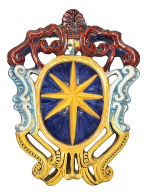 Large Majolica Heraldic Star Coat of Arms with Ars Longa Vita Brevis Engraving, 1960s
