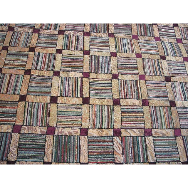 Spectacular Colorful Earth Tones Ground Color in a Checks Pattern Antique American Hooked Rug For Sale - Image 4 of 6