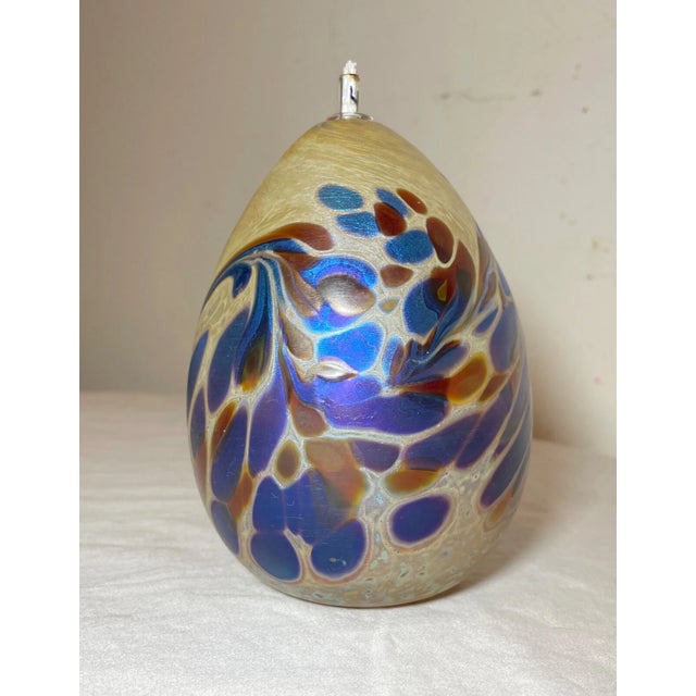 Blue 1990s Hand Blown Maytum Studio Art Glass Iridescent Aurene Egg Shaped Oil Lamp Vase For Sale - Image 8 of 14