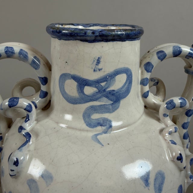 Blue Savona Majolica Amphora Vase with Intertwined Snake Handles, 1700s For Sale - Image 8 of 16
