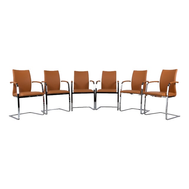 Swing Leather Chrome Chairs in Brown Cognac from Tonon, Set of 6 For Sale