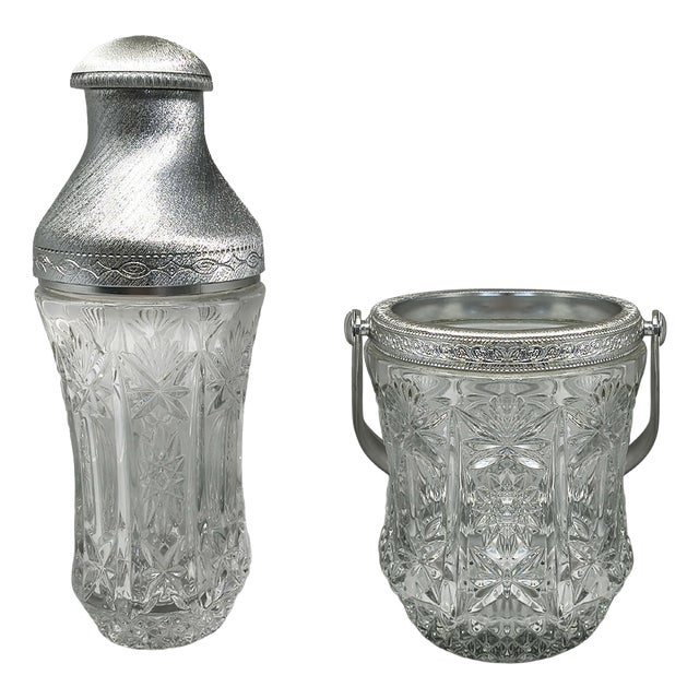 Mid-Century Italian Cut Crystal and Brushed Metal Cocktail Set by Arir, 1960s, Set of 2 For Sale