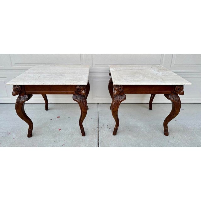 Vintage Ram’s Head Carved Walnut & Travertine Side Tables Attributed to Minton Spidell – Pair For Sale - Image 11 of 18