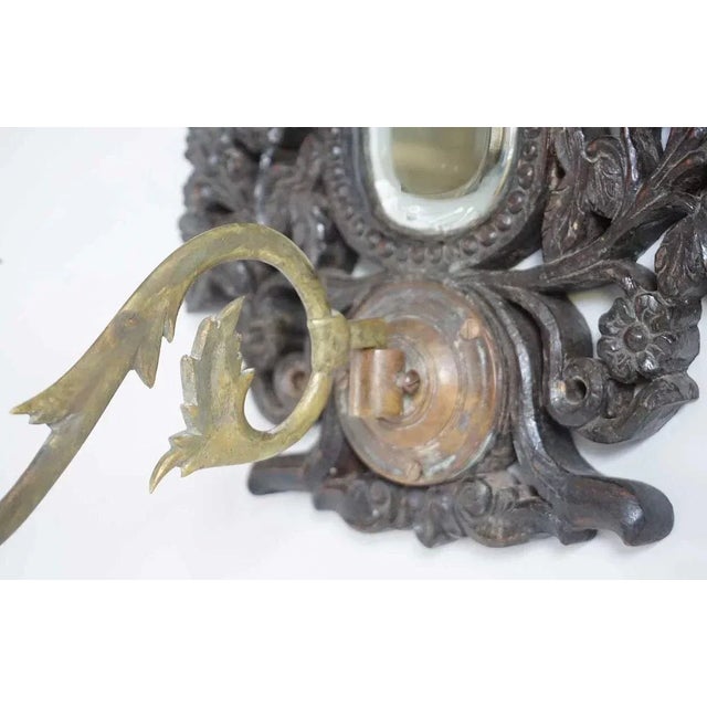 Mid 19th Century Indo-Portuguese Goan Teak, Brass & Mirrored 1-Arm Candle Wall Sconce For Sale - Image 4 of 6