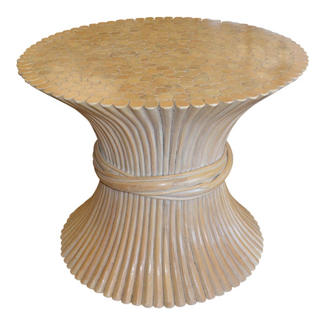 1950s McGuire Style Sheaf of Wheat Mid Century Modern Golden Bamboo Round End / Side Table For Sale