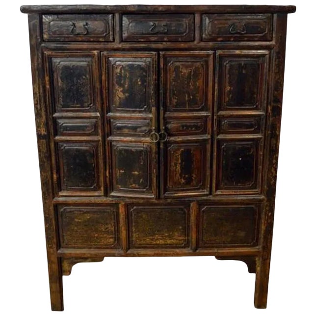 Antique Brown Lacquered Chinese Cabinet With Doors and Drawers From the 1800s For Sale