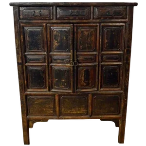 Antique Brown Lacquered Chinese Cabinet With Doors and Drawers From the 1800s