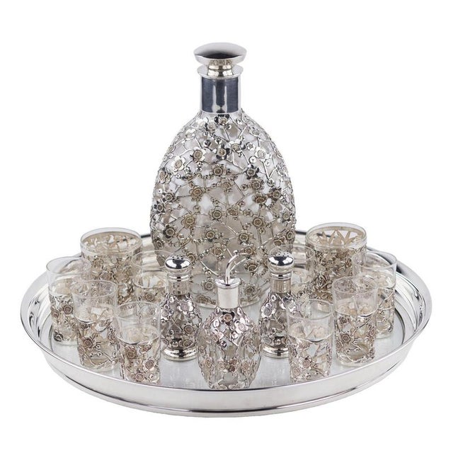 Liqueur Set with Pierced Sterling Silver Overlay, Set of 14 For Sale - Image 12 of 12