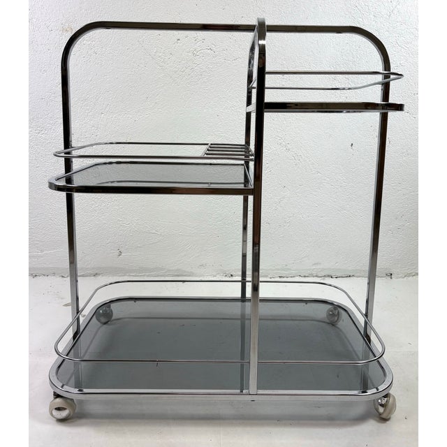 American Early 20th Century Art Deco Chrome and Smoked Glass Bar Cart For Sale - Image 3 of 12